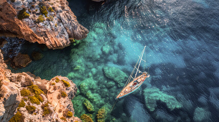 Vista de dron de paisaje marino en el mediterráneo con el mar azul turquesa en verano. - obrazy, fototapety, plakaty