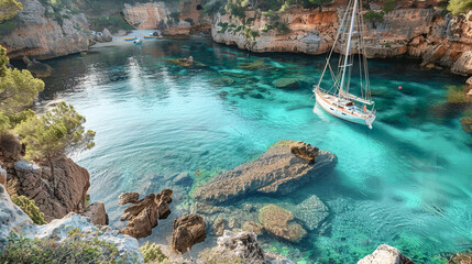 velero sobre aguas de mar  turquesa en una cala del mediterráneo. Paisaje de vacaciones en verano. - obrazy, fototapety, plakaty
