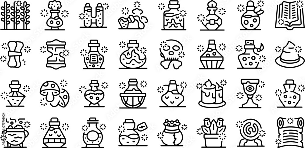 Poster magic elixir icons set outline vector. potion glass. flask game asset
