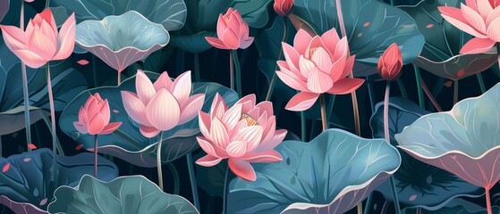 An illustration of a pink lotus on a floral background in a garden - obrazy, fototapety, plakaty