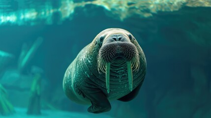 Walrus portrait swimming underwater