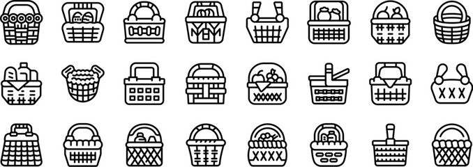 Wicker basket icons set outline vector. Picnic food. Snack outdoor lunch - 775705207