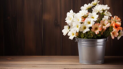 little white bucket with flowers on wooden background
