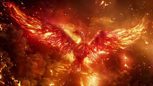 A phoenix spreads its wings, poised to take flight amidst blazing flames. Vibrant oranges and reds of the fire contrast strikingly against the dark background.