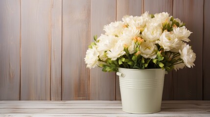 little white bucket with flowers on wooden background