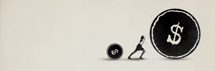Banner. Contemporary art collage. Girl left small coin behind and tries to roll heavy large coin symbolizing earnings and savings. Monochrome. Concept of motivation, professional growth, business. - obrazy, fototapety, plakaty