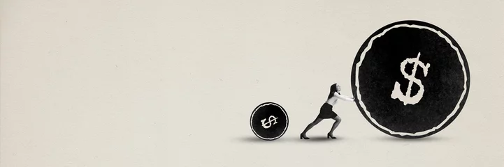 Fotobehang Banner. Contemporary art collage. Girl left small coin behind and tries to roll heavy large coin symbolizing earnings and savings. Monochrome. Concept of motivation, professional growth, business. © Lustre