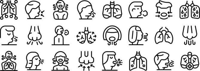 Deep breath icons set outline vector. Exercise abdominal. Mind face - 775705833