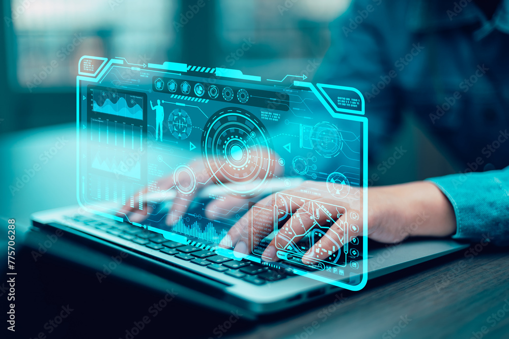 Poster innovation with graphical user interface and big data concept, businessman using a laptop with touch