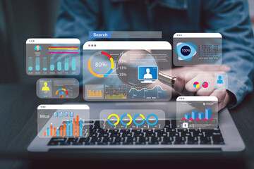 Business Analytics and Data Management Systems to make reports with KPI  and metrics connected to the database for technology finance - obrazy, fototapety, plakaty