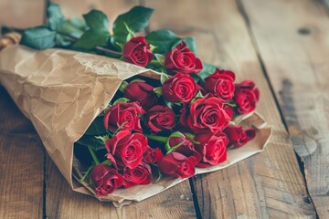 love, date, flowers, valentines day and holidays concept - close up of red roses bunch wrapped into brown paper on wooden table - Powered by Adobe