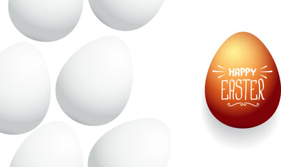 Happy easter horizontal banner with colorful golden egg and white eggs flat lay on white transparent background. Vector Happy easter creative concept illustration