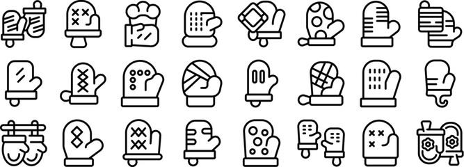 Fireproof kitchen mittens icons set outline vector. Oven glove. Hand burn