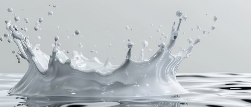 3d food illustration with white abstract liquid background, milk splash crown, paint splashing, and milk splash crown.