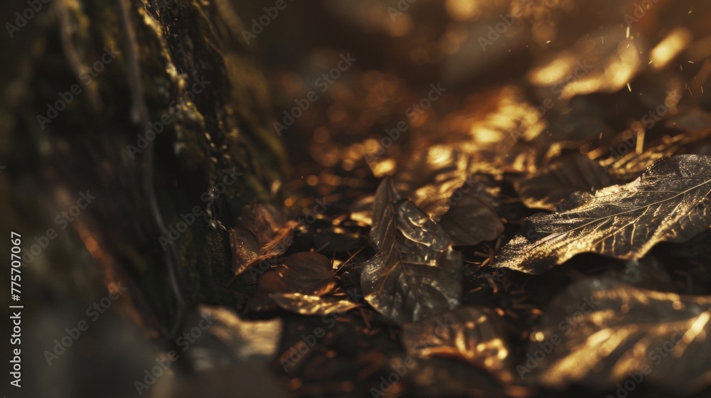 Poster a close-up view of fallen leaves scattered on the ground, showcasing their intricate textures and pa