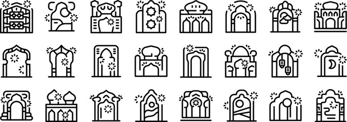 Arch window mosque muslim building icons set outline vector. Arabic shape. Stone palace