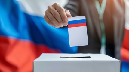 A person is seen inserting a card into a ballot box as part of the voting process in front of the Russian flag - obrazy, fototapety, plakaty