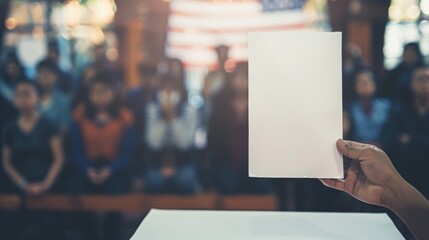 A person stands in front of a crowd, holding up a piece of paper, potentially a ballot, as they address the onlookers - obrazy, fototapety, plakaty