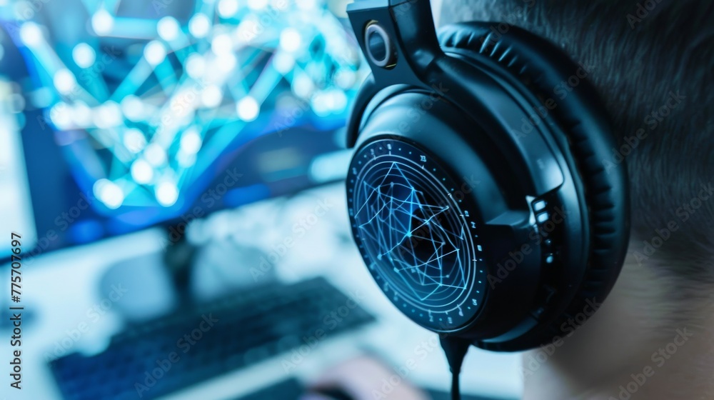 Poster Man Listening to Music in Front of Computer