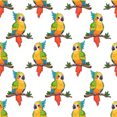 Seamless pattern with cute brightly colored parrot on a branch