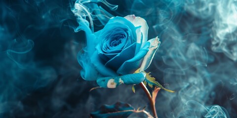 A neon blue rose releasing swirling blue smoke