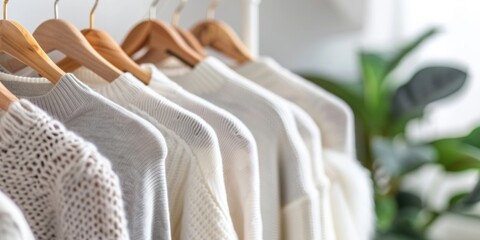 Fototapeta na wymiar Neatly arranged white sweaters of various neutral tones hanging on a minimalist rack