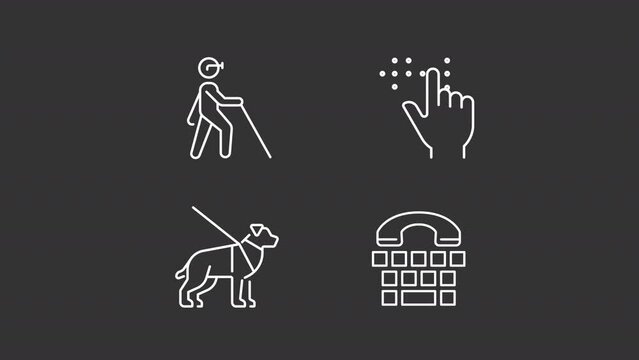 Blindness white line animations. Animated icons related to visual impairment. Accessibility and communication. Black illustrations on white background. HD video with alpha channel. Motion graphic