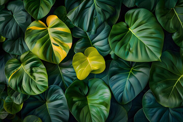 a close up of a bunch of green leaves with a yellow leaf on top of one of the leaves on the other side of the leaves is a large green leaf.