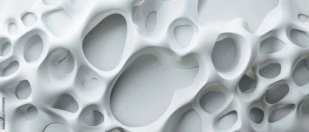 Poster three-dimensional render on an abstract white paper background with layers, fiber structures, holes,