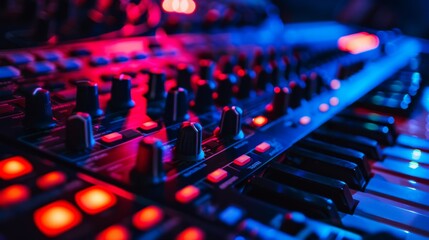 Close Up of Mixing Board With Red and Blue Lights