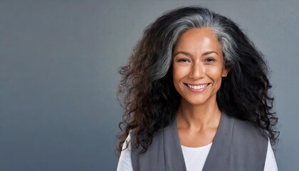 Smiling beautiful mature standing isolated on white background. Older senior 60s grey haired lady,  looking at camera