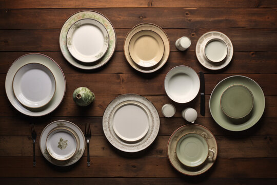 Vintage dinnerware on rustic wooden table, Taken on: DSLR, Wide-angle lens, direct overhead shot, Canon EOS R6. --ar 3:2 --stylize 0 --v 5.2 Job ID: e507cea5-c7d5-47b2-801f-dd53ccdf239d