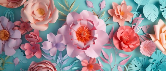 3D rendering, paper flowers, botanical pattern, bridal round bouquet, papercraft, pastel candy colors, bright hue palette
