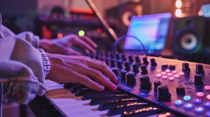 Person Typing on Keyboard in Recording Studio