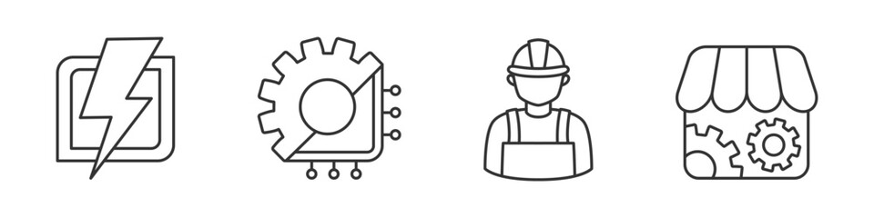 Collection of icon on topic electrical engineering in black and white colors. Set including lightning, chip and gear, handyman, parts store.