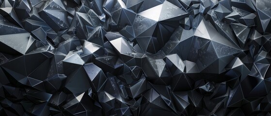 Render, abstract black crystal background, faceted texture, macro panorama, wide panoramic polygonal wallpaper