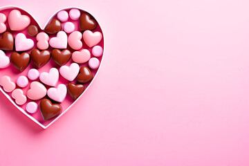 Heart shape box with sweet chocolate candies on pink background
