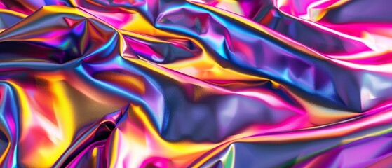 A 3-dimensional render of a folded cloth, holographic foil, ultraviolet lighting, multicolor textile, vivid colors in an abstract fashion background.
