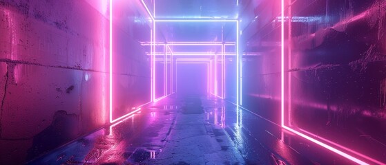 This is a 3D render of an abstract background, ultraviolet neon lights, holographic technology, rounded square frames, a virtual screen, a space portal, a virtual reality environment, pink blue