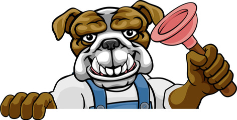 A bulldog plumber dog cartoon mascot holding a plunger peeking round a sign