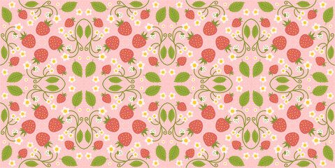 Fototapeta premium Seamless pattern design highlighting strawberries, cute berries, flowers, green foliage. Repetitive surface design suitable for kitchen apparel, fabrics, wrapping paper, and other purposes.