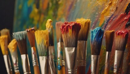 Fototapeta premium Colorful paint brush splashes on canvas. Row of artist paintbrushes closeup on artistic canvas