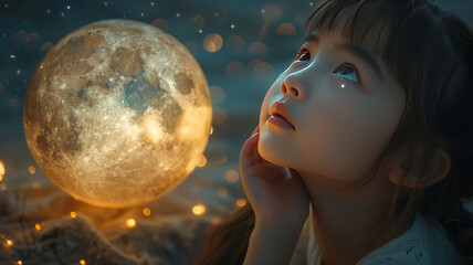 a small girl and her grandmother whatching the starts, the moon casting a silver glow on their face.generative ai