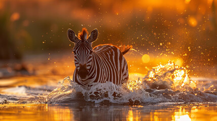 A zebra run across ponds,golden hour,generative ai - obrazy, fototapety, plakaty