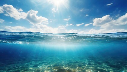 Blue sea or ocean water surface and underwater with sunny and cloudy sky - Powered by Adobe
