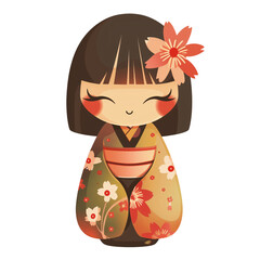 Clip art, sticker style, of a Kokeshi a traditional japanese doll, on transparent background