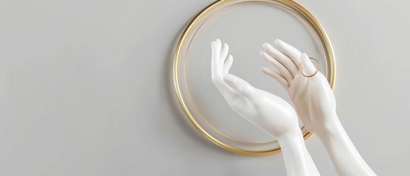 This is a 3d render of white female hands isolated, a luxury fashion background, with helping hands within a circular frame, a golden ring, and mannequin body parts. The images are feminist,