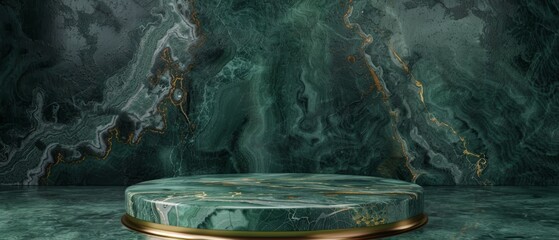 3D rendered art deco green marble background, cylinder pedestal, podium, showcase stand with gold foil, agate slab, marble texture. Mockup of luxury minimalist design. - obrazy, fototapety, plakaty