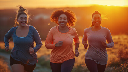 Three cheerful overweight women of different races running in sportswear at sunset. Concept of outdoor activities, exercise, diversity and health. - obrazy, fototapety, plakaty
