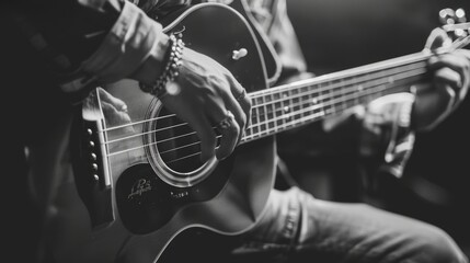 Person Playing Guitar in Black and White